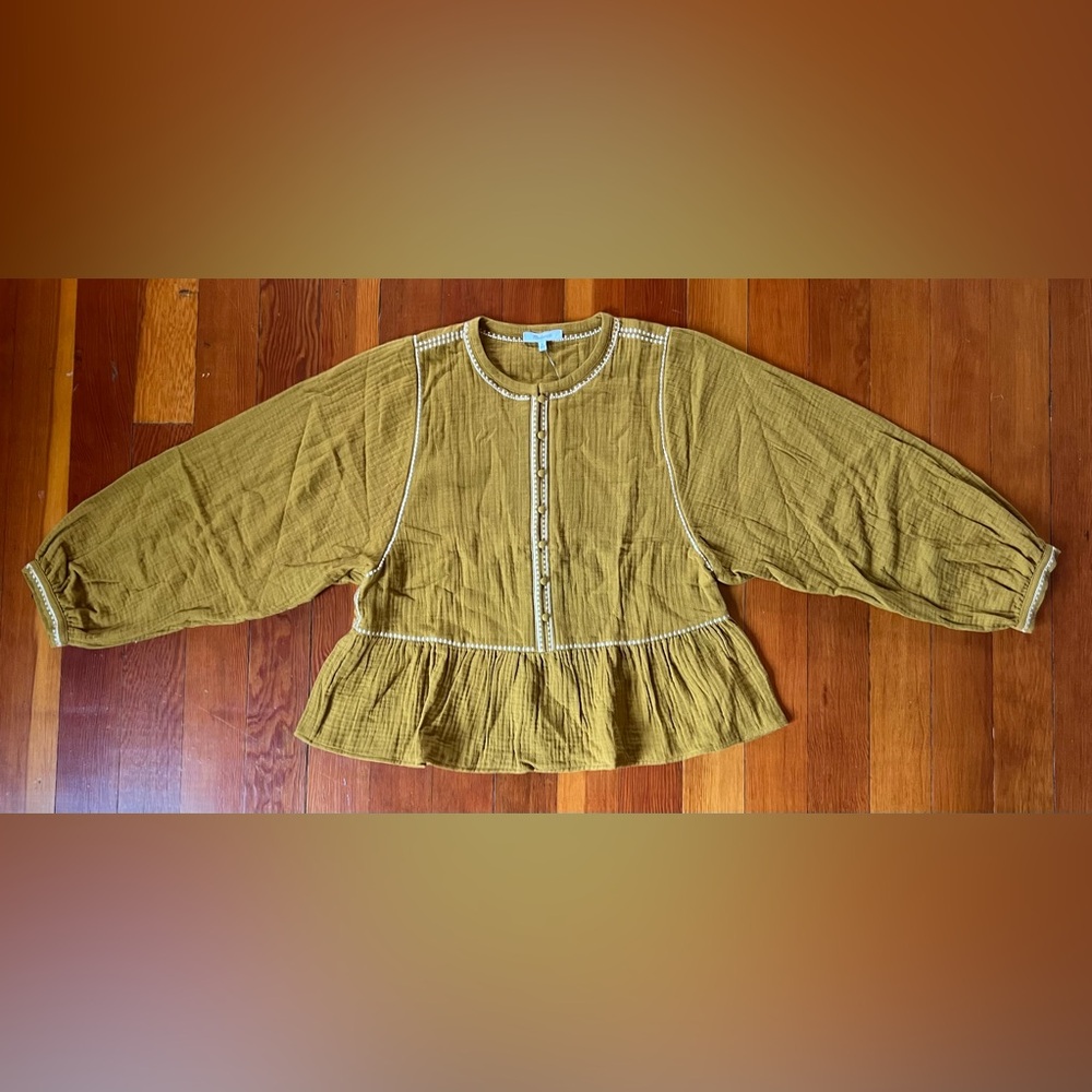 NWT Madewell Mustard Gold Embroidered-Trim Lightspun Covered-Button Top Medium